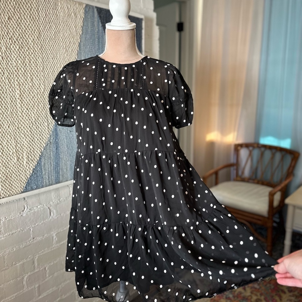 Blu Pepper Black and White Textured Puff Sleeve Polkadot Babydoll Dress - Picture 2 of 9
